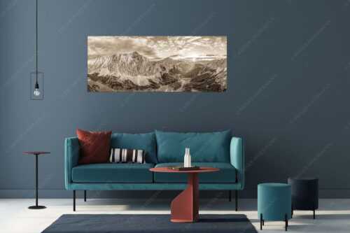 Die Sonne scheint noch kurz entlang des Hallerangers in die Nordwand der Speckkarspitze - Der Abschiedskuss - Wandbild - Größe ca. 175x70cm, Seitenverhältnis 2,5:1 - Speckkarspitze im Karwendel - weitere Infos unter https://www.kriner-weiermann.de