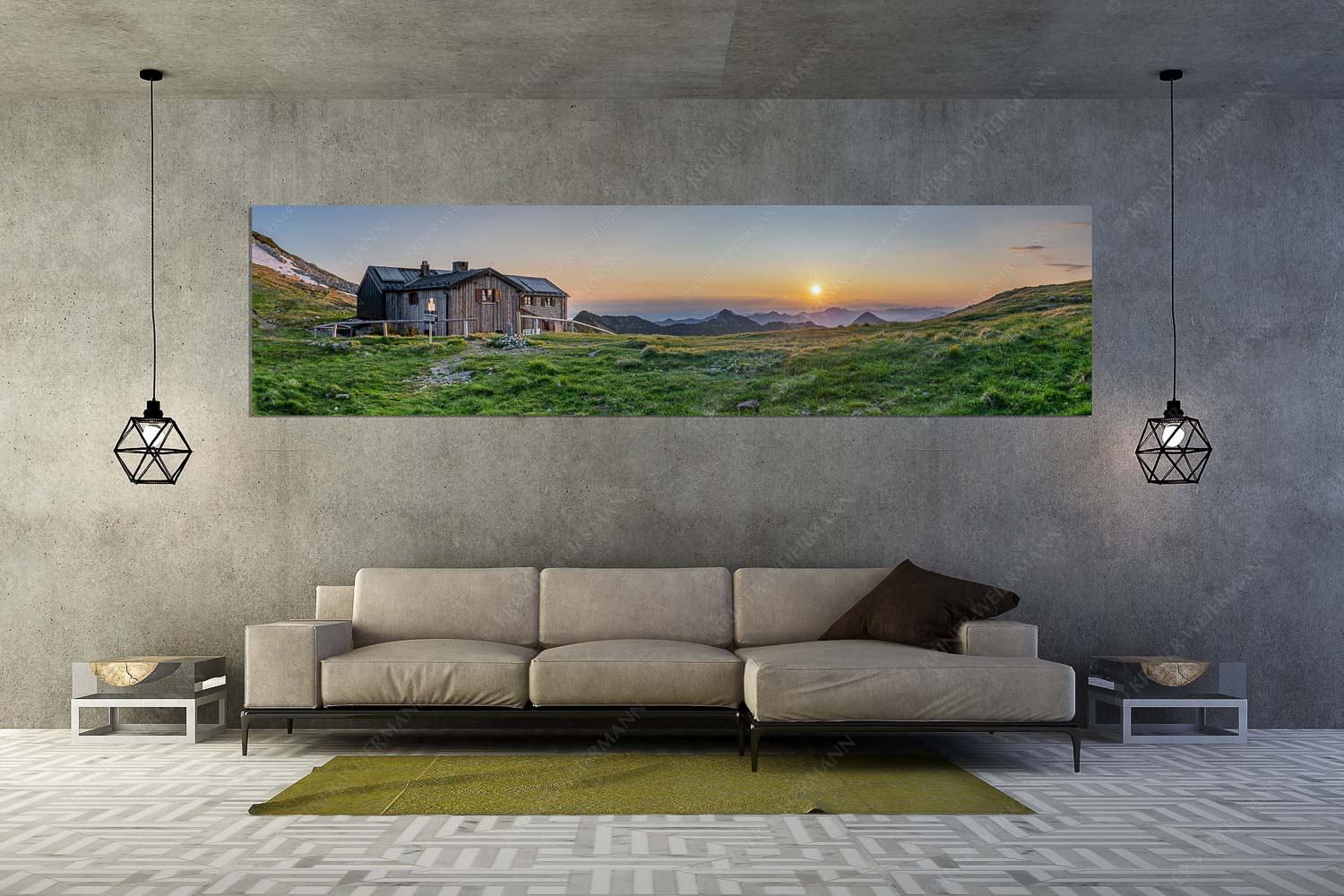 Den ganzen Sommer über kann man den Sonnenaufgang von der Weilheimer Hütte genießen - Der beste Platz - Größe ca. 320x80cm, Seitenverhältnis 4:1 - Weilheimer Hütte - weitere Infos unter https://www.kriner-weiermann.de