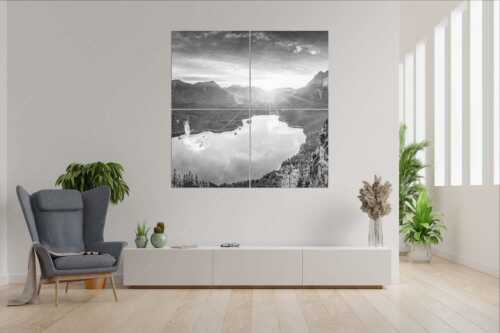 Blick über den Eibsee in den Sonnenaufgang im Estergebirge - Der Eibseeblick - 4er Split, Größe ca. 180x180cm, Seitenverhältnis 1:1 - Eibsee mit Loisachtal - weitere Infos unter https://www.kriner-weiermann.de
