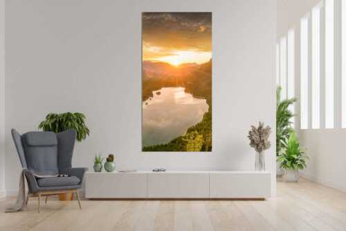 Blick über den Eibsee in den Sonnenaufgang im Estergebirge - Der Eibseeblick - Größe ca. 90x180cm, Seitenverhältnis 1:2 - Eibsee mit Loisachtal - weitere Infos unter https://www.kriner-weiermann.de