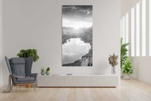 Blick über den Eibsee in den Sonnenaufgang im Estergebirge - Der Eibseeblick - Größe ca. 90x180cm, Seitenverhältnis 1:2 - Eibsee mit Loisachtal - weitere Infos unter https://www.kriner-weiermann.de