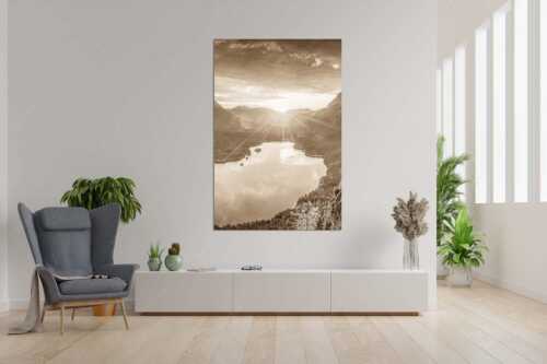 Blick über den Eibsee in den Sonnenaufgang im Estergebirge - Der Eibseeblick - Größe ca. 120x180cm, Seitenverhältnis 2:3 - Eibsee mit Loisachtal - weitere Infos unter https://www.kriner-weiermann.de