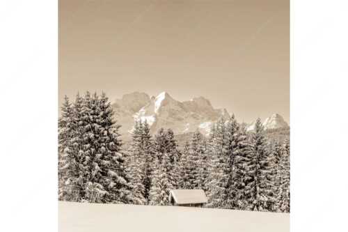 Blick zum Wettersteingebirge mit Zugspitzmassiv - Der Wetterstein - Seitenverhältnis 1:1 - Winter Wald und Heustadel - weitere Infos unter https://www.kriner-weiermann.de