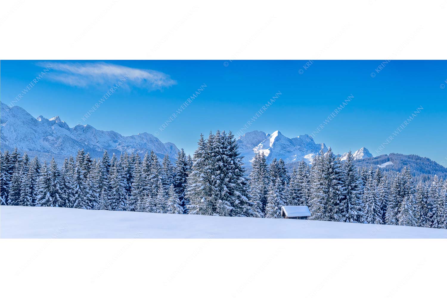 Der Wetterstein – Seitenverhältnis 2,5:1 — Winter Wald und Heustadel Blick zum Wettersteingebirge mit Zugspitzmassiv