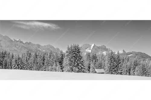 Blick zum Wettersteingebirge mit Zugspitzmassiv - Der Wetterstein - Seitenverhältnis 2,5:1 - Winter Wald und Heustadel - weitere Infos unter https://www.kriner-weiermann.de
