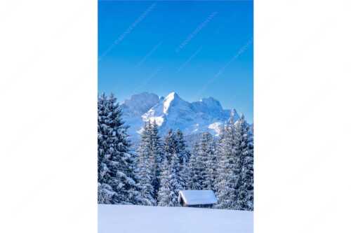 Blick zum Wettersteingebirge mit Zugspitzmassiv - Der Wetterstein - Seitenverhältnis 2:3 - Winter Wald und Heustadel - weitere Infos unter https://www.kriner-weiermann.de