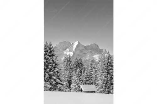 Blick zum Wettersteingebirge mit Zugspitzmassiv - Der Wetterstein - Seitenverhältnis 2:3 - Winter Wald und Heustadel - weitere Infos unter https://www.kriner-weiermann.de