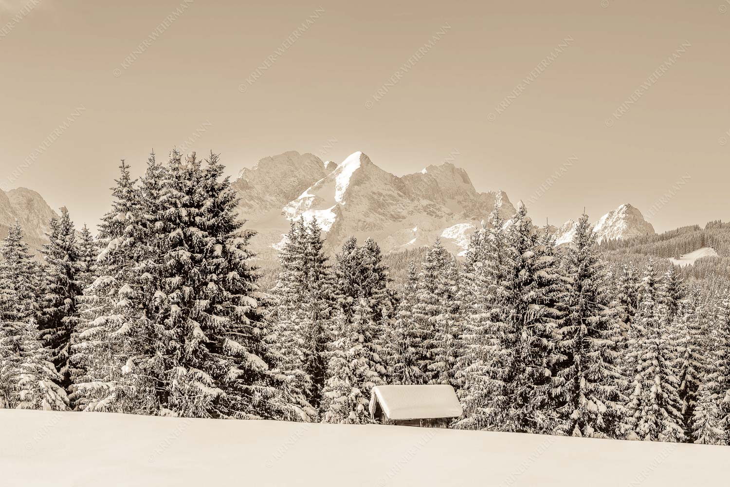Der Wetterstein – Seitenverhältnis 3:2 — Winter Wald und Heustadel Blick zum Wettersteingebirge mit Zugspitzmassiv