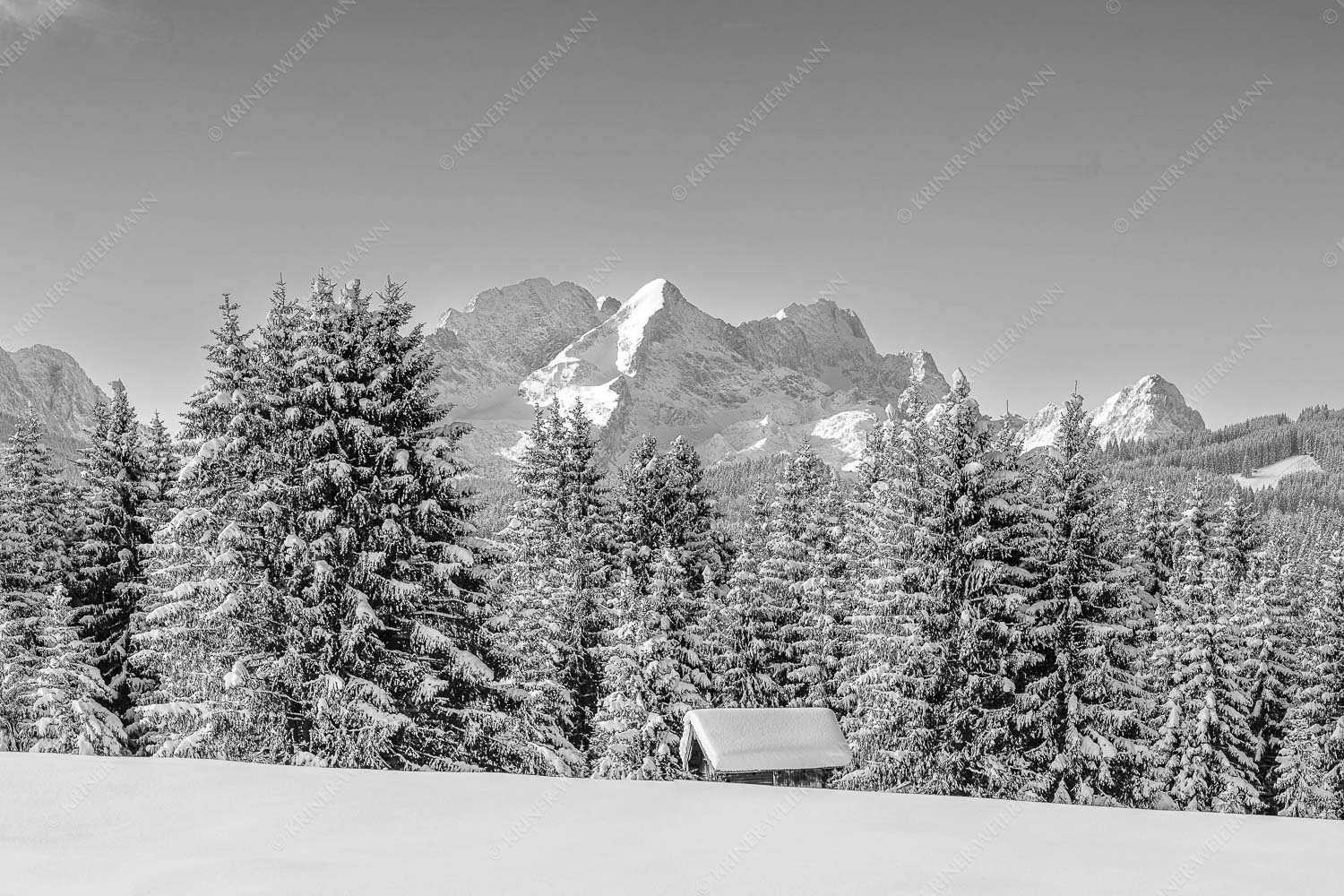 Der Wetterstein – Seitenverhältnis 3:2 — Winter Wald und Heustadel Blick zum Wettersteingebirge mit Zugspitzmassiv