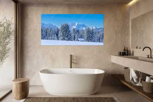 Blick zum Wettersteingebirge mit Zugspitzmassiv - Der Wetterstein - Größe ca. 180x90cm, Seitenverhältnis 2:1 - Winter Wald und Heustadel - weitere Infos unter https://www.kriner-weiermann.de