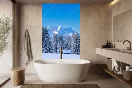 Blick zum Wettersteingebirge mit Zugspitzmassiv - Der Wetterstein - Größe ca. 160x240cm, Seitenverhältnis 2:3 - Winter Wald und Heustadel - weitere Infos unter https://www.kriner-weiermann.de