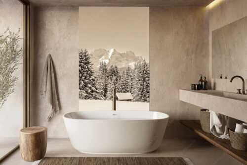 Blick zum Wettersteingebirge mit Zugspitzmassiv - Der Wetterstein - Größe ca. 160x240cm, Seitenverhältnis 2:3 - Winter Wald und Heustadel - weitere Infos unter https://www.kriner-weiermann.de