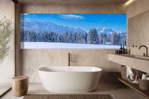 Blick zum Wettersteingebirge mit Zugspitzmassiv - Der Wetterstein - Größe ca. 300x100cm, Seitenverhältnis 3:1 - Winter Wald und Heustadel - weitere Infos unter https://www.kriner-weiermann.de