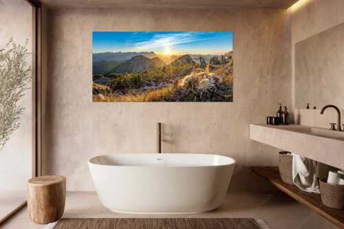 Blick vom Risskopf zum Sonnenuntergang an der Zugspitze - Distelquartett - Größe ca. 180x90cm, Seitenverhältnis 2:1 - Silberdistel im Estergebige - weitere Infos unter https://www.kriner-weiermann.de