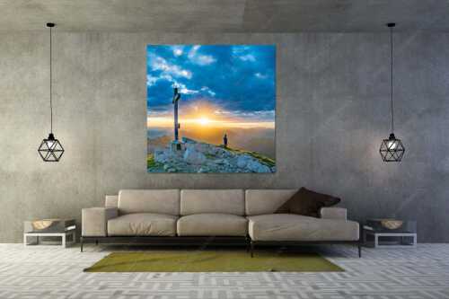 Blick von der Soiernspitze in den Sonnenaufgang im Karwendelgebirge - Ehrfurcht - Größe ca. 160x160cm, Seitenverhältnis 1:1 - Soiernspitze im Karwendel - weitere Infos unter https://www.kriner-weiermann.de