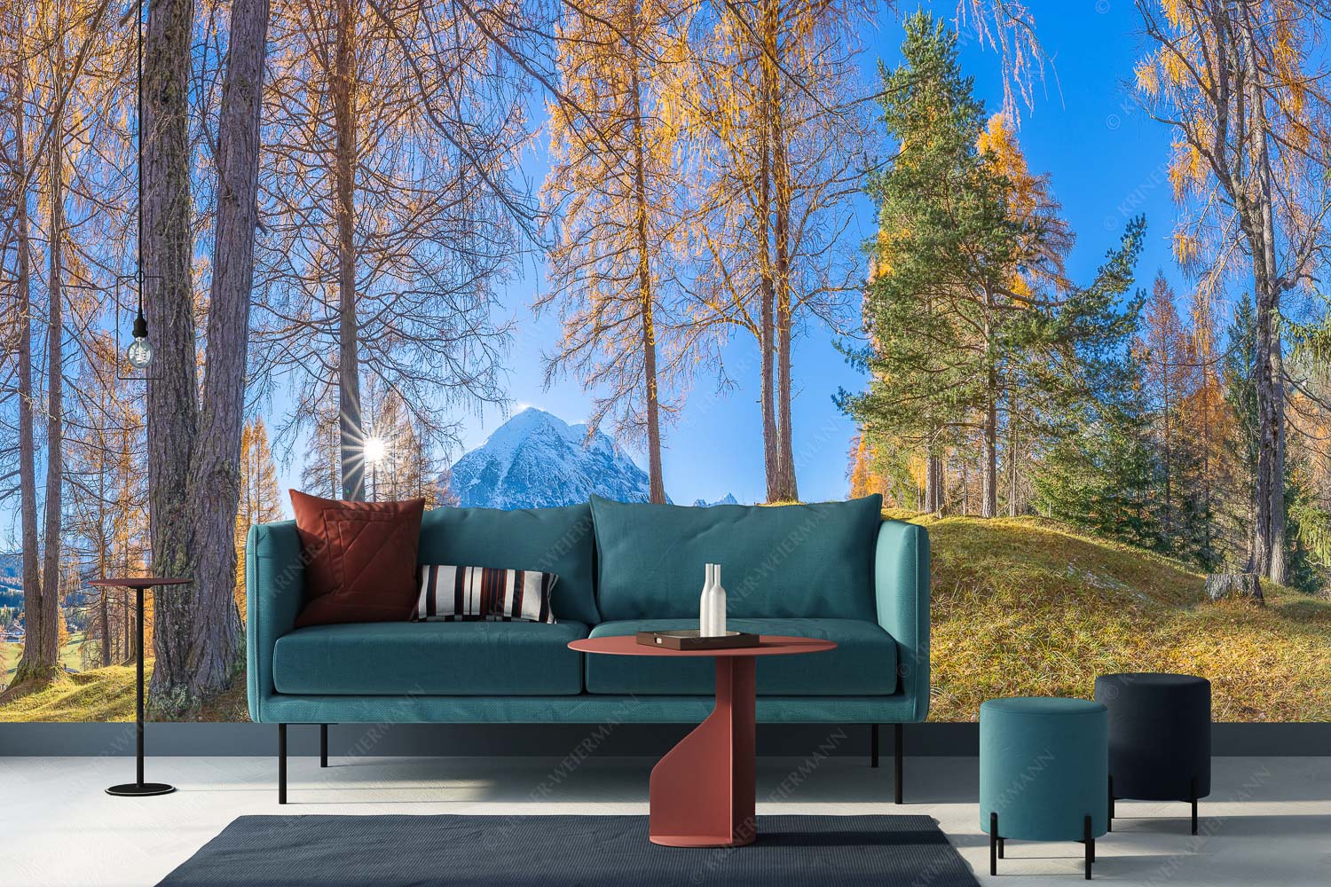 Ein Hauch von Gold – Größe ca. 400x200cm, Seitenverhältnis 2: — Hohe Munde Blick durch den Lärchenwald in Leutasch auf die Hohe Munde - Ein Hauch von Gold - Größe ca. 400x200cm, Seitenverhältnis 2: - Hohe Munde - weitere Infos unter https://www.kriner-weiermann.de