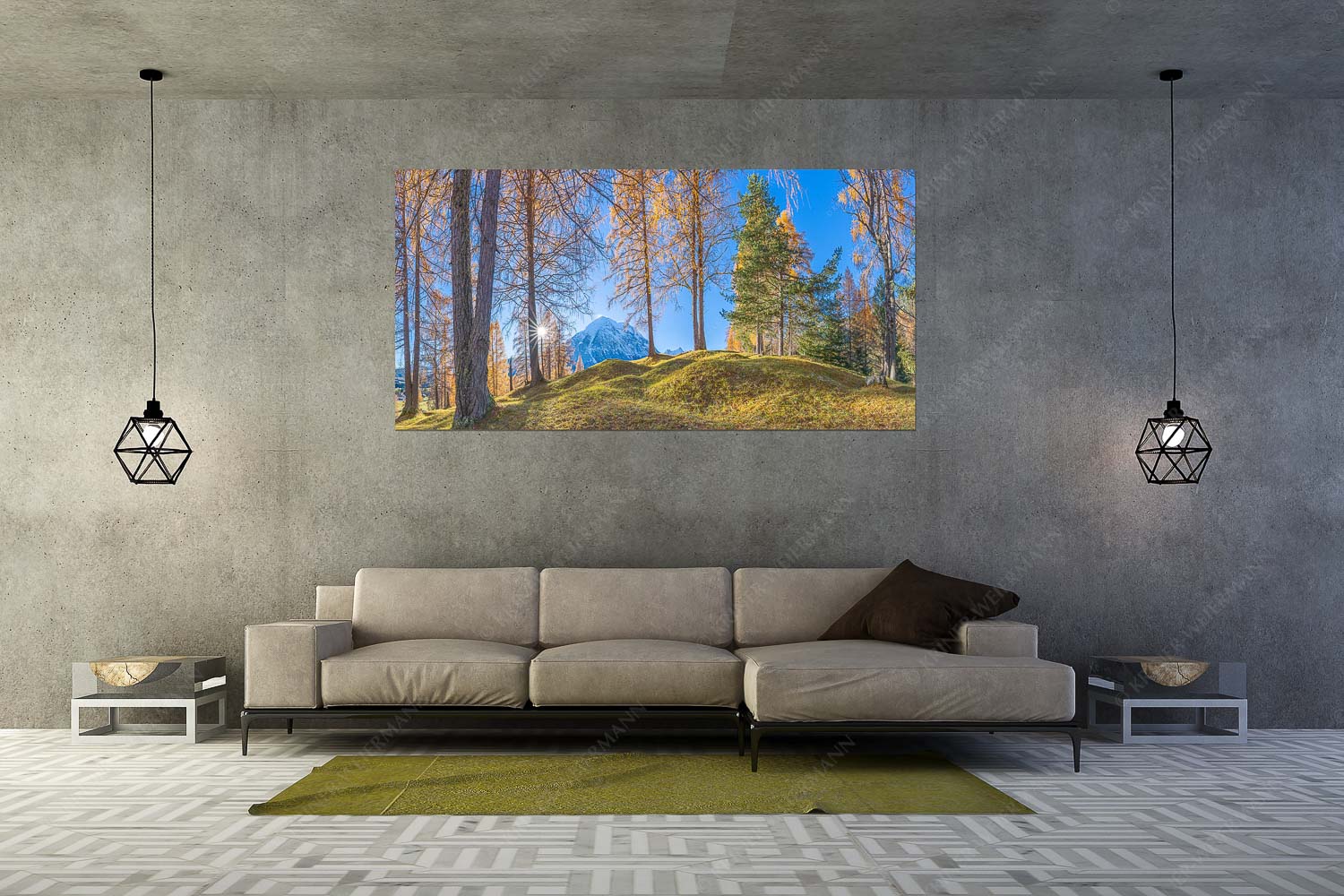 Ein Hauch von Gold – Größe ca. 200x100cm, Seitenverhältnis 2: — Hohe Munde Blick durch den Lärchenwald in Leutasch auf die Hohe Munde - Ein Hauch von Gold - Größe ca. 200x100cm, Seitenverhältnis 2: - Hohe Munde - weitere Infos unter https://www.kriner-weiermann.de