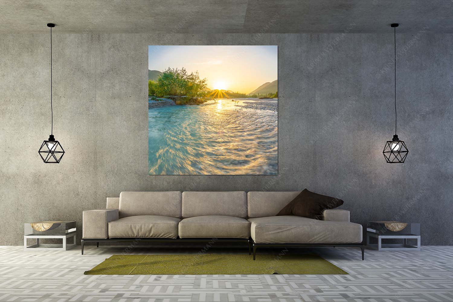 Ein Isarmorgen II – Größe ca. 160x160cm, Seitenverhältnis 1:1 — Isar mit Sonnenaufgang Blick über die Isar in den Sonnenaufgang - Ein Isarmorgen II - Größe ca. 160x160cm, Seitenverhältnis 1:1 - Isar mit Sonnenaufgang - weitere Infos unter https://www.kriner-weiermann.de