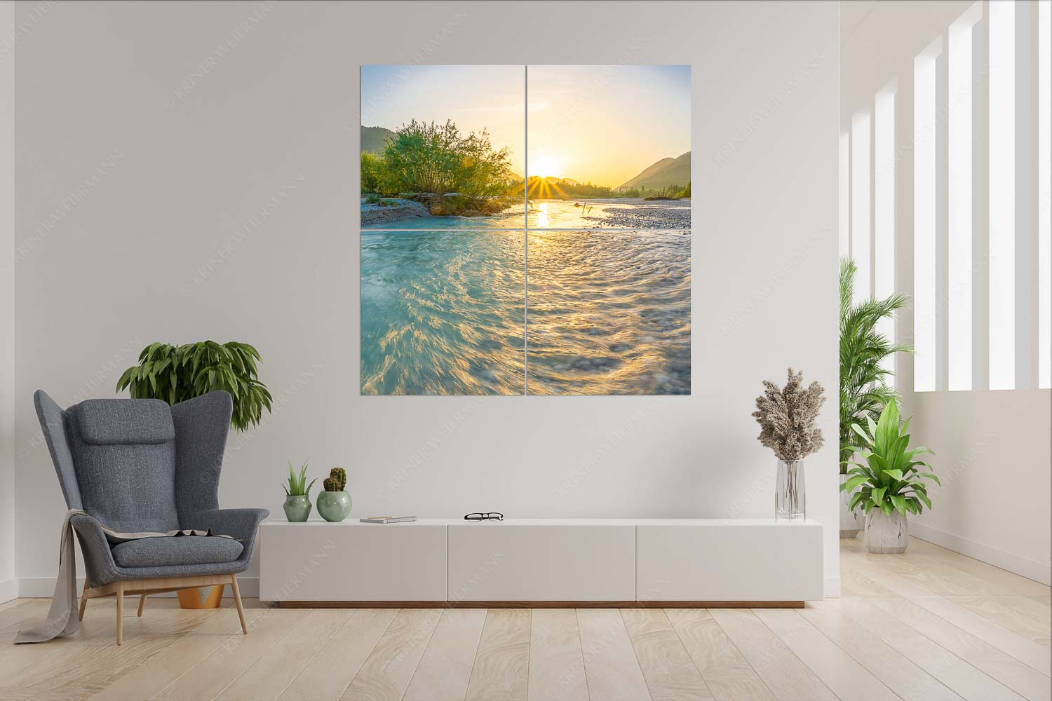 Ein Isarmorgen II – 4er Split, Größe ca. 180x180cm, Seitenverhältnis 1:1 — Isar mit Sonnenaufgang Blick über die Isar in den Sonnenaufgang - Ein Isarmorgen II - 4er Split, Größe ca. 180x180cm, Seitenverhältnis 1:1 - Isar mit Sonnenaufgang - weitere Infos unter https://www.kriner-weiermann.de