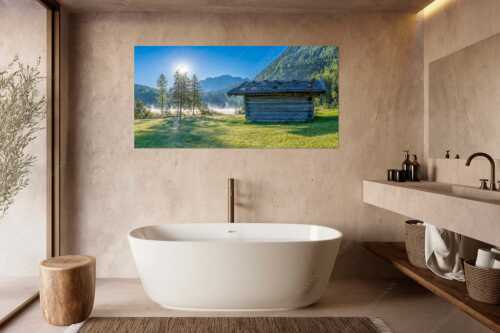 Auf der Nordseite des Wettersteingebirges liegt der Ferchensee in traumhafter Landschaft - Ein Morgen am Ferchensee - Größe ca. 180x90cm, Seitenverhältnis 2:1 - Ferchensee bei Mittenwald - weitere Infos unter https://www.kriner-weiermann.de