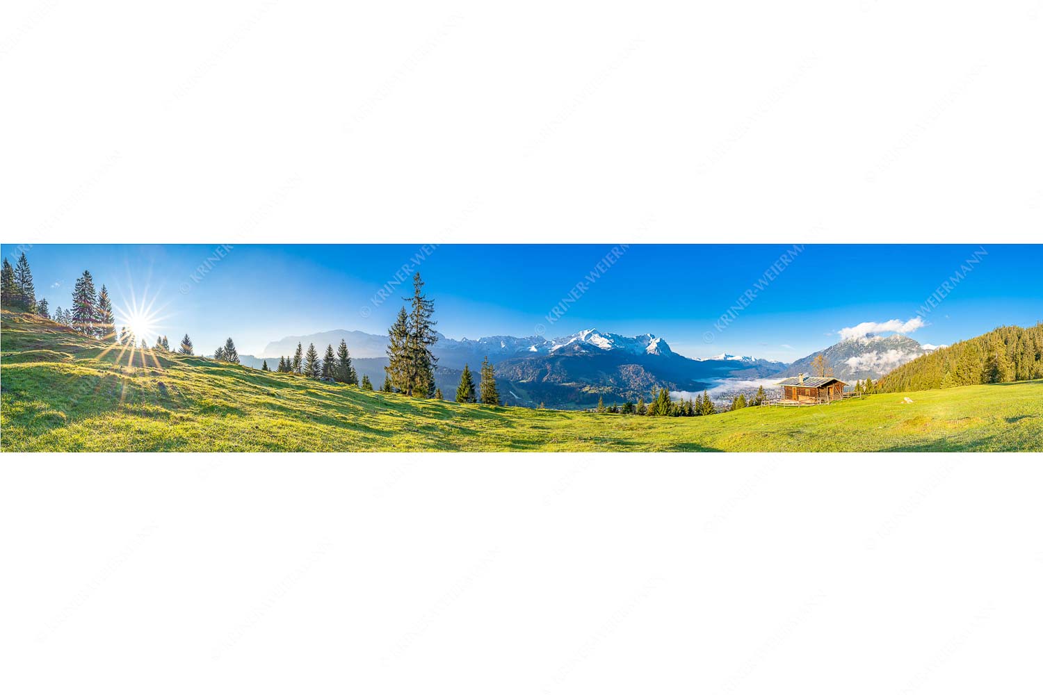 Ein Morgen an der Eckenhütte – Seitenverhältnis 5:1 — Garmisch-Partenkirchen mit Zugspitze und Kramer Sonnenaufgang an der Eckenhütte mit Blick zum Zugspitzmassiv