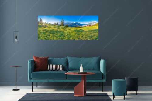 Sonnenaufgang an der Eckenhütte mit Blick zum Zugspitzmassiv - Ein Morgen an der Eckenhütte - Wandbild - Größe ca. 175x70cm, Seitenverhältnis 2,5:1 - Garmisch-Partenkirchen mit Zugspitze und Kramer - weitere Infos unter https://www.kriner-weiermann.de