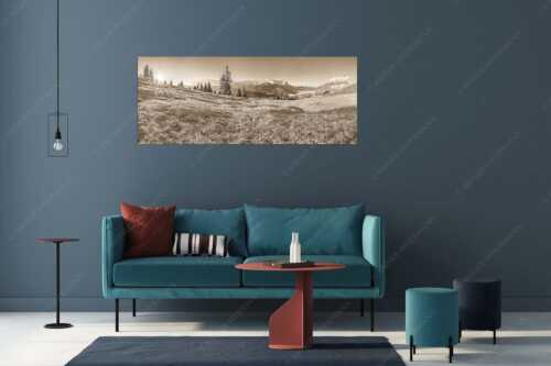 Sonnenaufgang an der Eckenhütte mit Blick zum Zugspitzmassiv - Ein Morgen an der Eckenhütte - Wandbild - Größe ca. 175x70cm, Seitenverhältnis 2,5:1 - Garmisch-Partenkirchen mit Zugspitze und Kramer - weitere Infos unter https://www.kriner-weiermann.de
