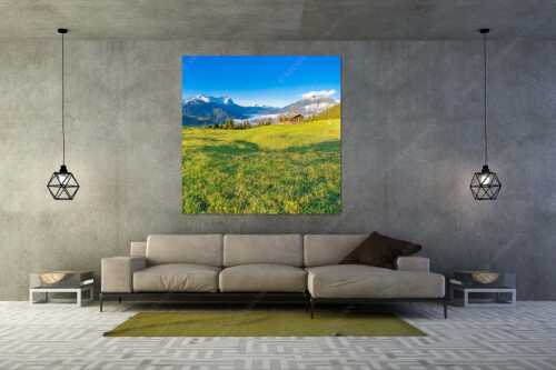 Sonnenaufgang an der Eckenhütte mit Blick zum Zugspitzmassiv - Ein Morgen an der Eckenhütte - Wandbild - Größe ca. 160x160cm, Seitenverhältnis 1:1 - Garmisch-Partenkirchen mit Zugspitze und Kramer - weitere Infos unter https://www.kriner-weiermann.de