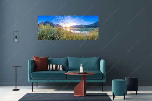 Blick über den Silvensteinsee zum Sonnenaufgang - Einsamer Sommermorgen - Größe ca. 175x70cm, Seitenverhältnis 2,5:1 - Silvensteinsee - weitere Infos unter https://www.kriner-weiermann.de