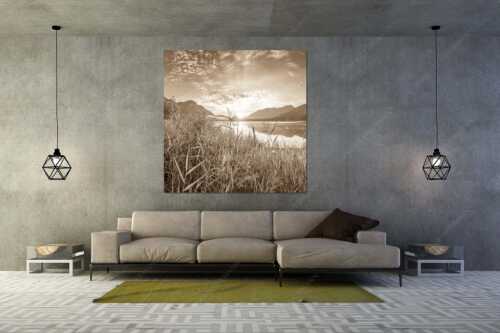 Blick über den Silvensteinsee zum Sonnenaufgang - Einsamer Sommermorgen - Größe ca. 160x160cm, Seitenverhältnis 1:1 - Silvensteinsee - weitere Infos unter https://www.kriner-weiermann.de