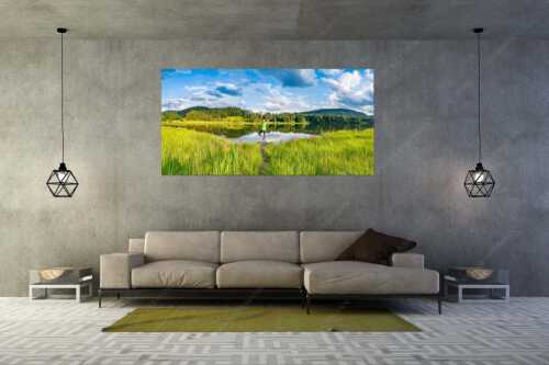 Yoga am Geroldsee mit Blick zum Wetterstein, Karwendel und Soierngebirge - Einswerden - Größe ca. 200x100cm, Seitenverhältnis 2:1 - Geroldsee Yoga - weitere Infos unter https://www.kriner-weiermann.de