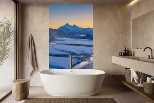 Blick über die verschneite Isar zu den Arnspitzen und ins Wettersteingebirge - Eisige Idylle - Größe ca. 160x240cm, Seitenverhältnis 2:3 - Isar Winter Arnspitze und Wetterstein - weitere Infos unter https://www.kriner-weiermann.de