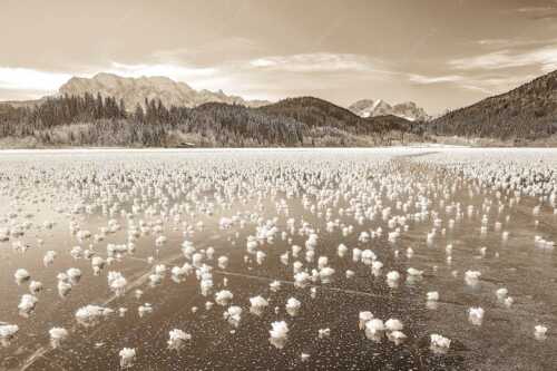 Eisblumen am Barmsee mit Blick zum Wettersteingebirge mit Zugspitzmassiv - Eisrosen - Seitenverhältnis 3:2 - Eiskristalle auf Barmsee - weitere Infos unter https://www.kriner-weiermann.de