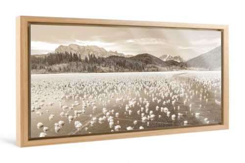 Eisblumen am Barmsee mit Blick zum Wettersteingebirge mit Zugspitzmassiv - Eisrosen - Foto im Schattenfugen-Rahmen - Eiskristalle auf Barmsee - weitere Infos unter https://www.kriner-weiermann.de