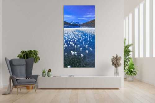 Eisblumen am Barmsee mit Blick zum Wettersteingebirge mit Zugspitzmassiv - Eisrosen - Größe ca. 90x180cm, Seitenverhältnis 1:2 - Eiskristalle auf Barmsee - weitere Infos unter https://www.kriner-weiermann.de