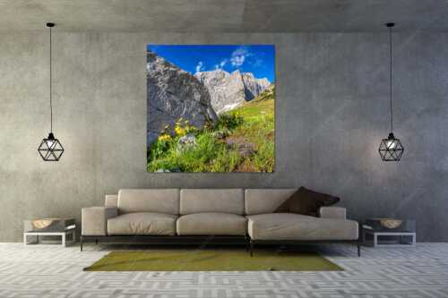 Sumpfdotterblumen mit Lalidereralm Hochleger und Grubenkarspitze im Karwendel - Erste Blumen am Hochleger - Größe ca. 160x160cm, Seitenverhältnis 1:1 - Lalidereralm Hochleger - weitere Infos unter https://www.kriner-weiermann.de