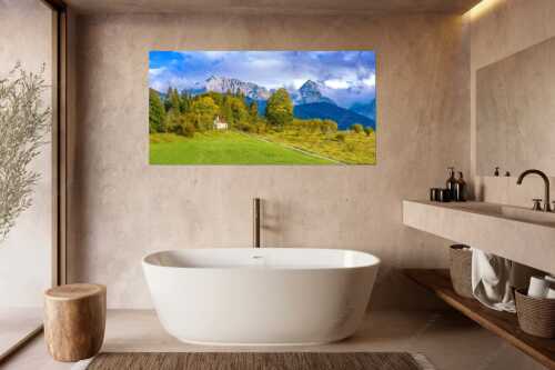 Blick über die Kapelle Mairia Rast bei Krün zum Wörner und Tiefkarspitze - Erste Herbsttage - Wandbild - Größe ca. 180x90cm, Seitenverhältnis 2:1 - Kapelle mit Karwendel - weitere Infos unter https://www.kriner-weiermann.de