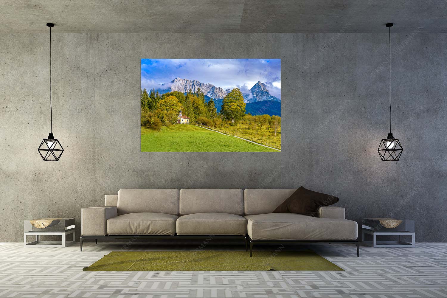 Erste Herbsttage – Wandbild – Größe ca. 180x120cm, Seitenverhältnis 3:2 — Kapelle mit Karwendel Blick über die Kapelle Mairia Rast bei Krün zum Wörner und Tiefkarspitze - Erste Herbsttage - Wandbild - Größe ca. 180x120cm, Seitenverhältnis 3:2 - Kapelle mit Karwendel - weitere Infos unter https://www.kriner-weiermann.de