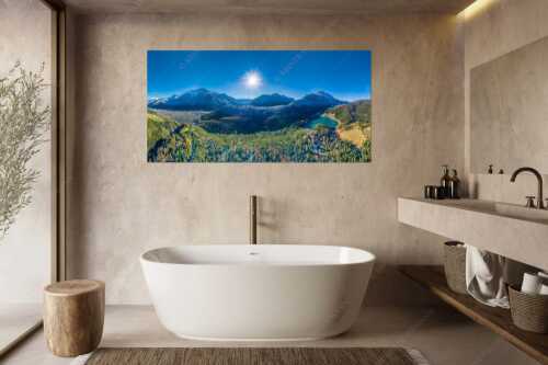 Blick auf Mittenwald am Karwendel und dem Lautersee am Wetterstein - Erstes Weiss - Größe ca. 180x90cm, Seitenverhältnis 2:1 - Mittenwald und Lautersee - weitere Infos unter https://www.kriner-weiermann.de