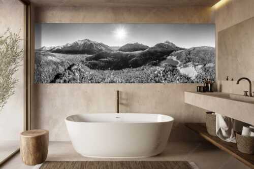 Blick auf Mittenwald am Karwendel und dem Lautersee am Wetterstein - Erstes Weiss - Größe ca. 300x100cm, Seitenverhältnis 3:1 - Mittenwald und Lautersee - weitere Infos unter https://www.kriner-weiermann.de