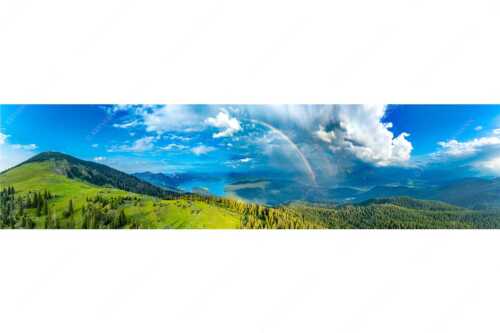 Regenbogen über dem Simetsberg und Walchensee - Farbenkranz - Seitenverhältnis 4:1 - Simetsberg Walchensee Regenborgen - weitere Infos unter https://www.kriner-weiermann.de