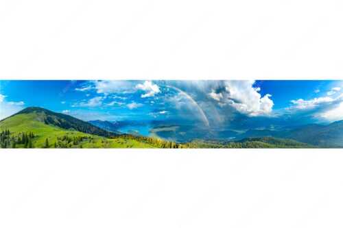 Regenbogen über dem Simetsberg und Walchensee - Farbenkranz - Seitenverhältnis 5:1 - Simetsberg Walchensee Regenborgen - weitere Infos unter https://www.kriner-weiermann.de