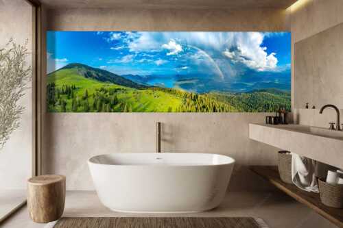 Regenbogen über dem Simetsberg und Walchensee - Farbenkranz - Größe ca. 300x100cm, Seitenverhältnis 3:1 - Simetsberg Walchensee Regenborgen - weitere Infos unter https://www.kriner-weiermann.de