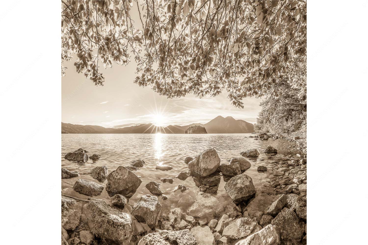 Fenster zum See – Seitenverhältnis 1:1 — Walchensee Insel Sassau mit Estergebirge Blick über den Walchensee mit Insel Sassau zum Sonnenuntergang im Estergebirge