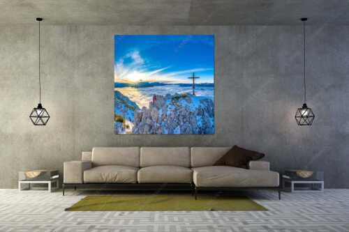 Blick vom Signalkopf über Wolkenmeer über dem Oberen Isartal zum Sonnenuntergang im Wetterstein - Fortuna II - Größe ca. 160x160cm, Seitenverhältnis 1:1 - Klettern zum Signalkopf - weitere Infos unter https://www.kriner-weiermann.de