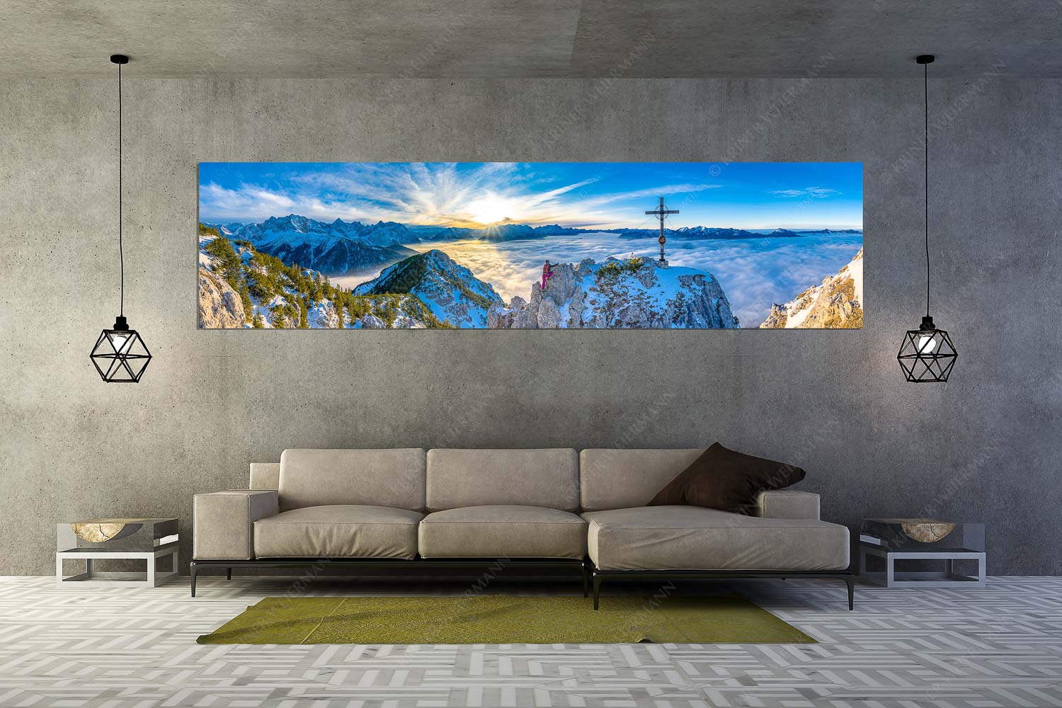 Fortuna II – Größe ca. 320x80cm, Seitenverhältnis 4:1 — Klettern zum Signalkopf Blick vom Signalkopf über Wolkenmeer über dem Oberen Isartal zum Sonnenuntergang im Wetterstein - Fortuna II - Größe ca. 320x80cm, Seitenverhältnis 4:1 - Klettern zum Signalkopf - weitere Infos unter https://www.kriner-weiermann.de