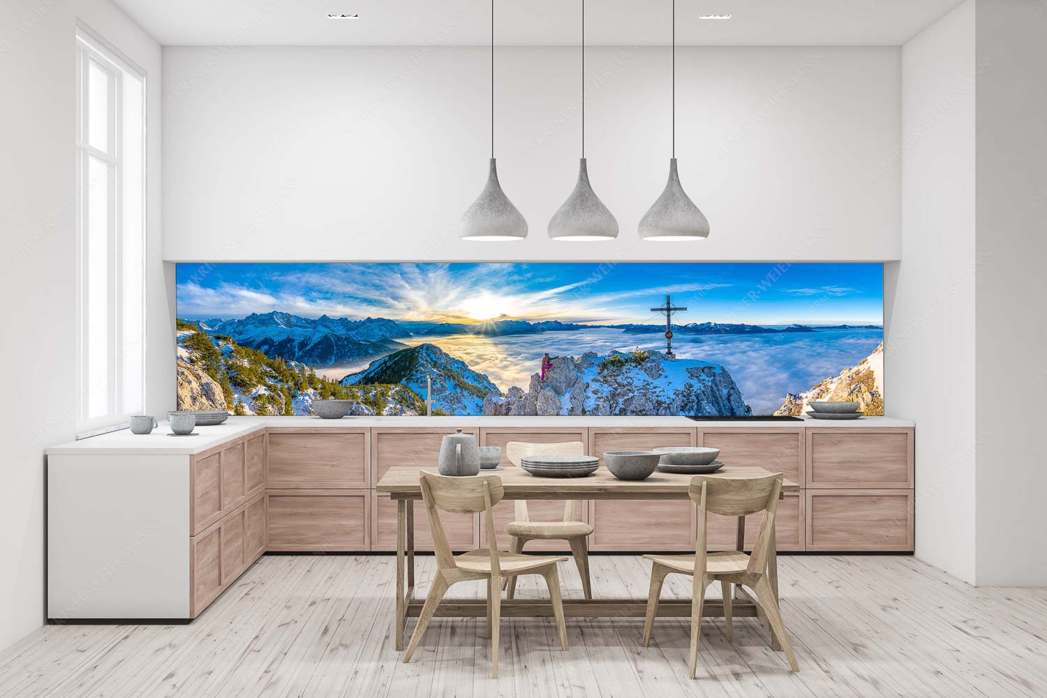 Fortuna II – Größe ca. 400x100cm, Seitenverhältnis 4:1 — Klettern zum Signalkopf Blick vom Signalkopf über Wolkenmeer über dem Oberen Isartal zum Sonnenuntergang im Wetterstein - Fortuna II - Größe ca. 400x100cm, Seitenverhältnis 4:1 - Klettern zum Signalkopf - weitere Infos unter https://www.kriner-weiermann.de