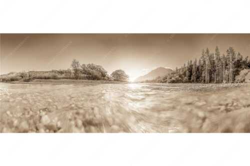 Sonnenaufgang an der Isar mit Karwendelgebirge - Freude am Fließen - Seitenverhältnis 2,5:1 - Isar Wasser - weitere Infos unter https://www.kriner-weiermann.de