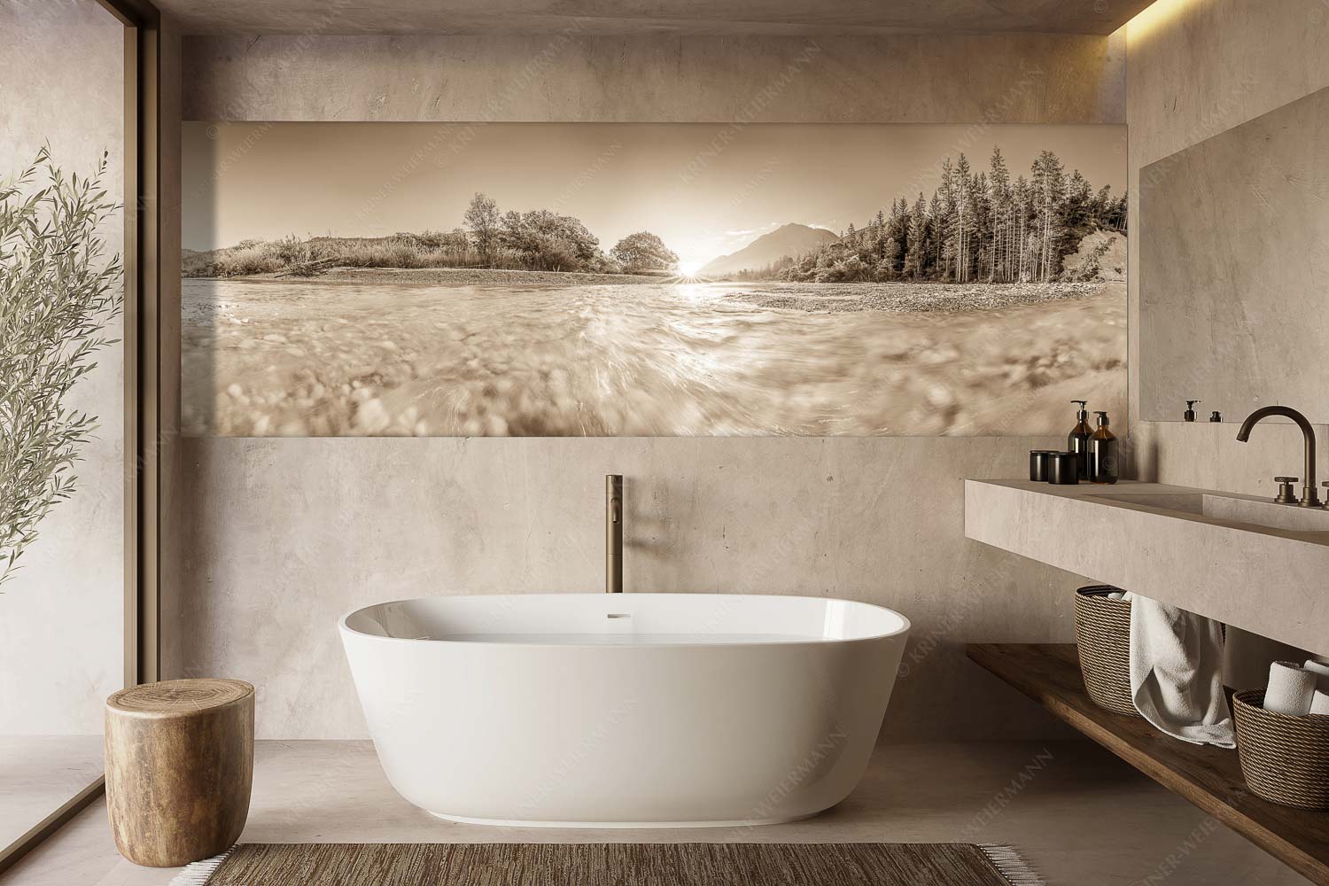 Freude am Fließen – Größe ca. 300x100cm, Seitenverhältnis 3: — Isar Wasser Sonnenaufgang an der Isar mit Karwendelgebirge - Freude am Fließen - Größe ca. 300x100cm, Seitenverhältnis 3: - Isar Wasser - weitere Infos unter https://www.kriner-weiermann.de