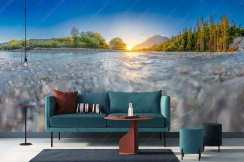 Sonnenaufgang an der Isar mit Karwendelgebirge - Freude am Fließen - Größe ca. 400x200cm, Seitenverhältnis 2: - Isar Wasser - weitere Infos unter https://www.kriner-weiermann.de